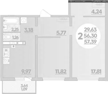 Планировка двухкомнатная 57.39 м² в ЖК «На Артиллерийской», корпус 1