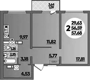 Планировка двухкомнатная 57.68 м² в ЖК «На Артиллерийской», корпус 1