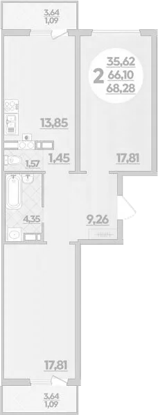 Планировка двухкомнатная 68.28 м² в ЖК «На Артиллерийской», корпус 1