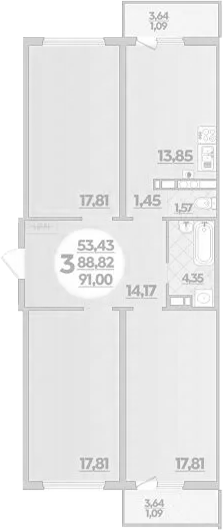 Планировка трёхкомнатная 91 м² в ЖК «На Артиллерийской», корпус 1