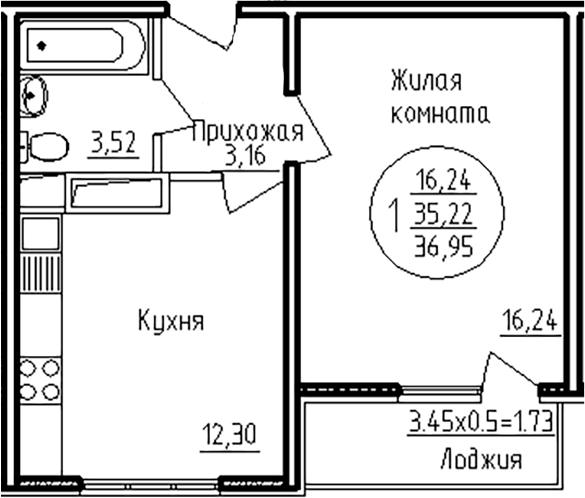 Планировка однокомнатная 36.95 м² в ЖК «На Шоссейной», корпус 2