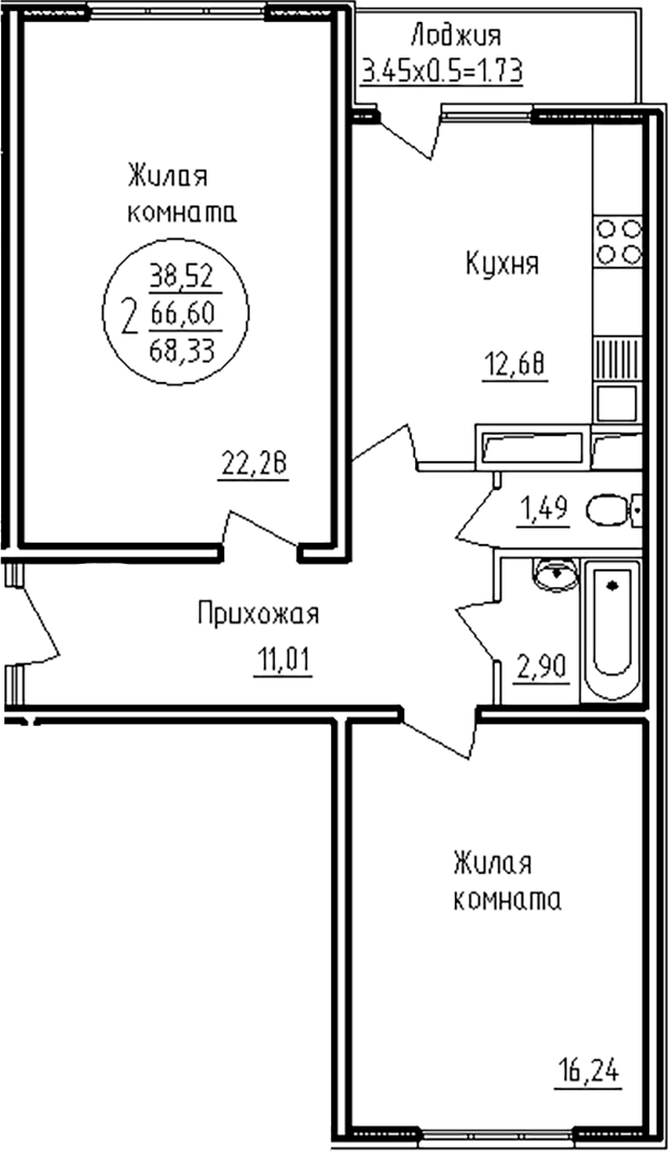 Планировка двухкомнатная 68.33 м² в ЖК «На Шоссейной», корпус 4