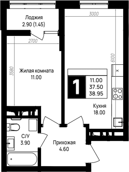 Планировка однокомнатная 38.95 м² в ЖК «На высоком берегу», корпус 16.1