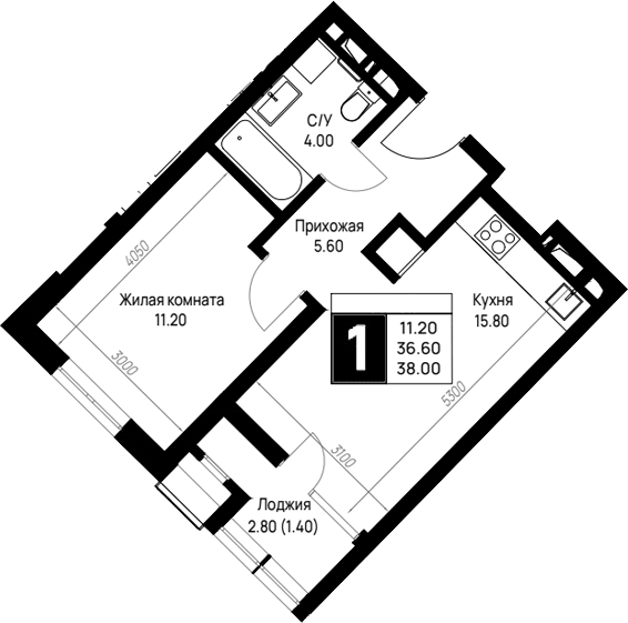 Планировка однокомнатная 38 м² в ЖК «На высоком берегу», корпус 15.1