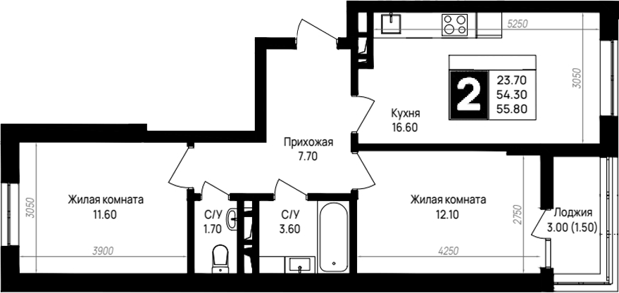 Планировка двухкомнатная 55.8 м² в ЖК «На высоком берегу», корпус 16.1