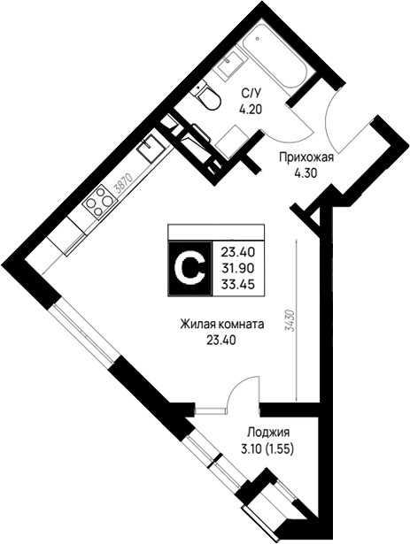 Планировка Студии 33.45 м² в ЖК «На высоком берегу», корпус 15.1