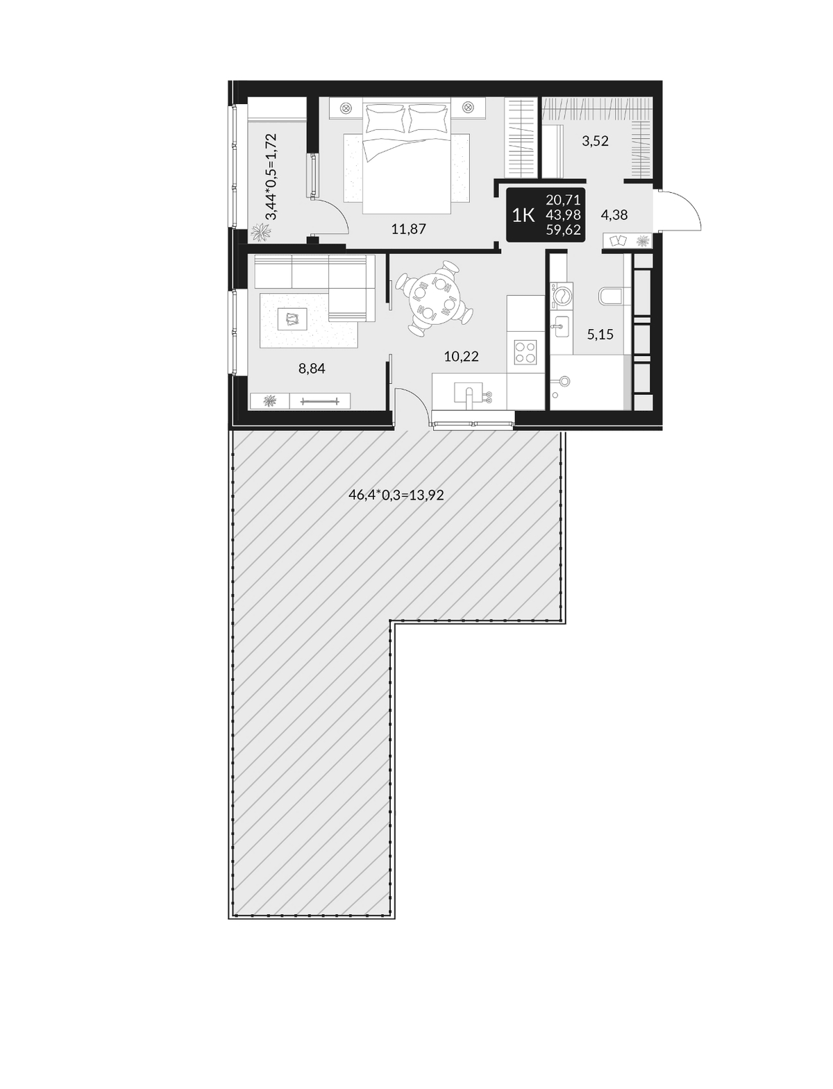 Планировка евродвушка (2Е) 59.62 м² в ЖК «На Высоте», корпус 2