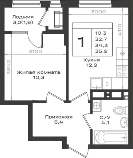 Планировка однокомнатная 34.3 м² в ЖК «Нагория», корпус 2