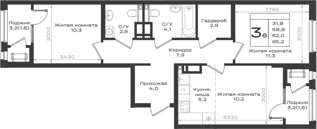 Планировка евротрёшка (3Е) 62 м² в ЖК «Нагория», корпус 2