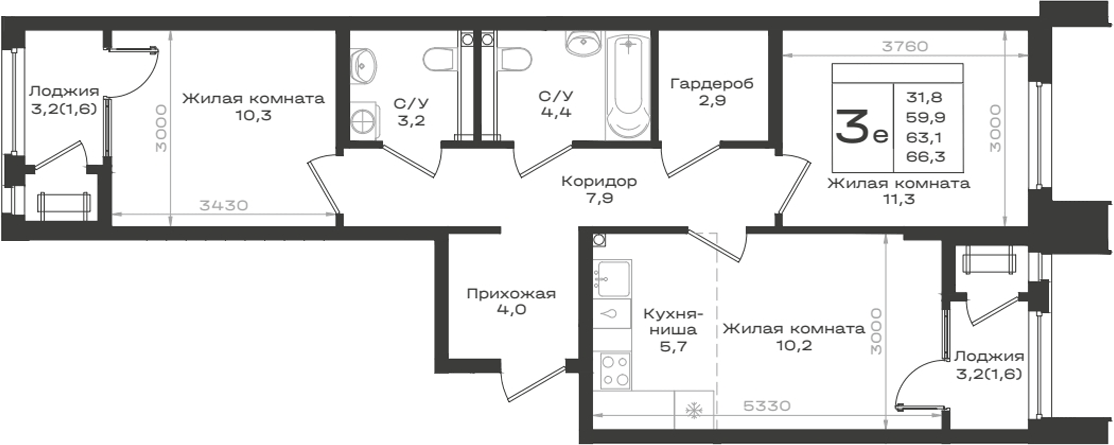 Планировка евротрёшка (3Е) 63.1 м² в ЖК «Нагория», корпус 2