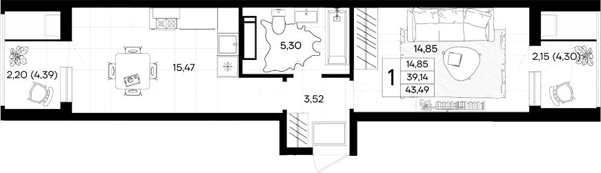 Планировка однокомнатная 43.49 м² в ЖК «Народные кварталы», корпус 15