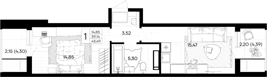 Планировка евродвушка (2Е) 43.49 м² в ЖК «Народные кварталы», корпус 12