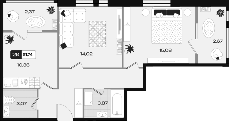 Планировка двухкомнатная 61.74 м² в ЖК «Народные кварталы», корпус 36