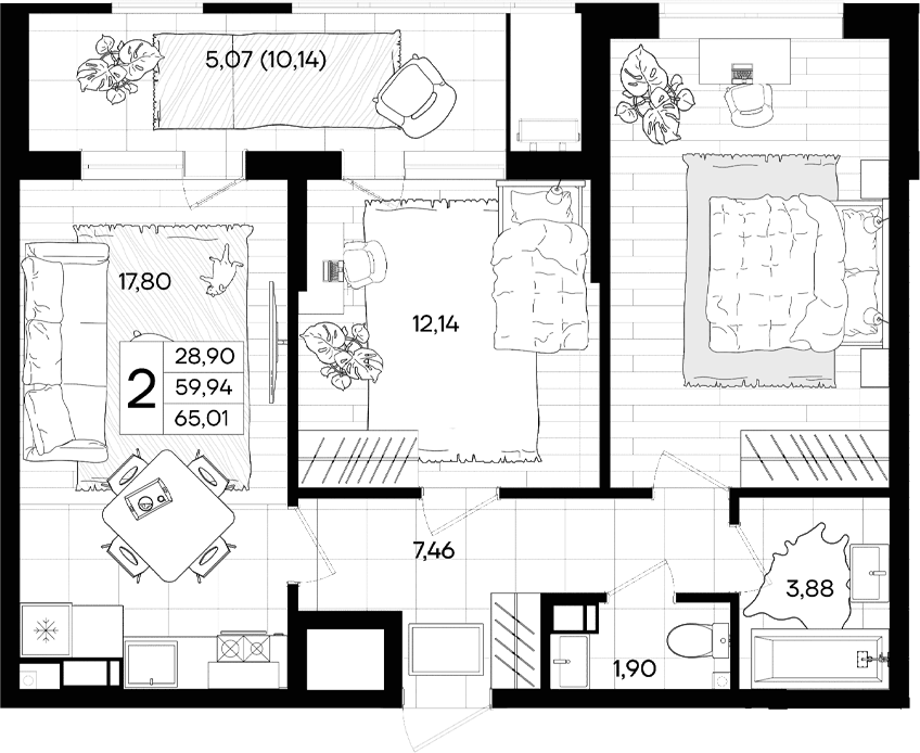 Планировка двухкомнатная 65.01 м² в ЖК «Народные кварталы», корпус 28