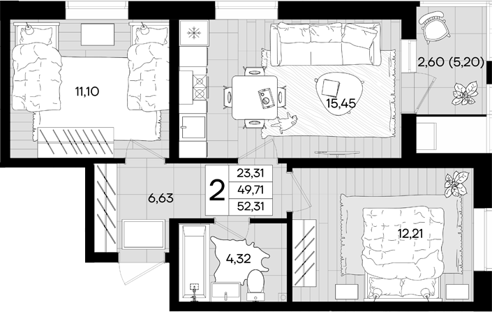 Планировка евротрёшка (3Е) 52.31 м² в ЖК «Народные кварталы», корпус 15