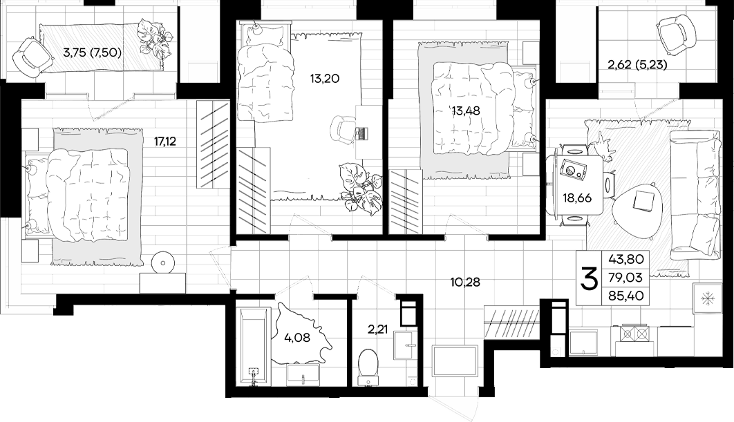 Планировка трёхкомнатная 85.4 м² в ЖК «Народные кварталы», корпус 24