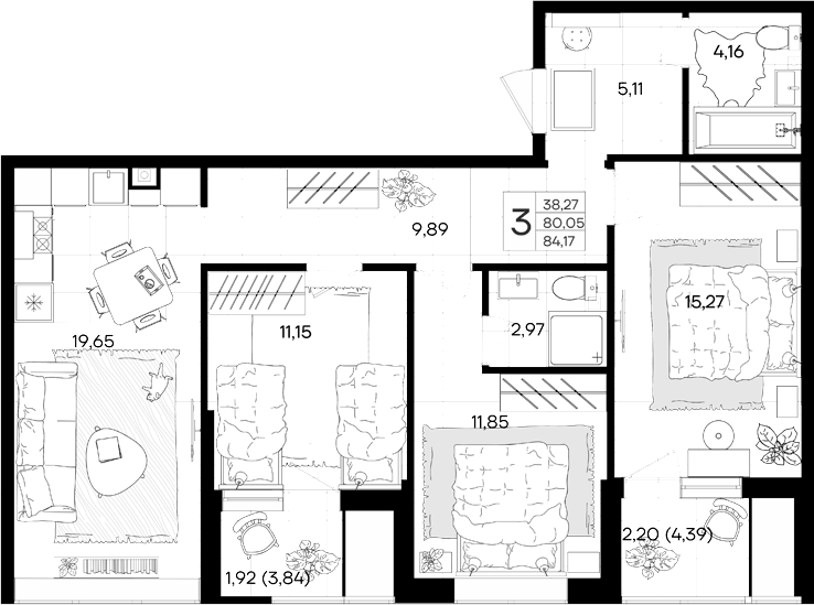 Планировка евро-4 (4Е) 84.17 м² в ЖК «Народные кварталы», корпус 12