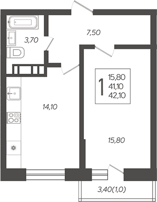Планировка однокомнатная 42.1 м² в ЖК «Небо», корпус 3