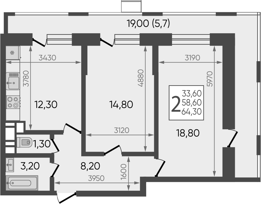 Планировка двухкомнатная 65.4 м² в ЖК «Небо», корпус 1