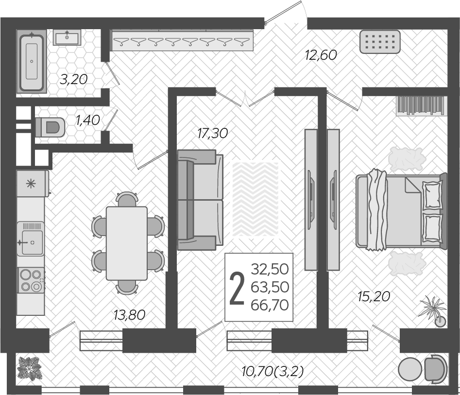 Планировка двухкомнатная 66.7 м² в ЖК «Небо», корпус 7