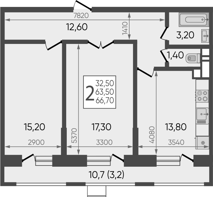 Планировка двухкомнатная 67.72 м² в ЖК «Небо», корпус 1