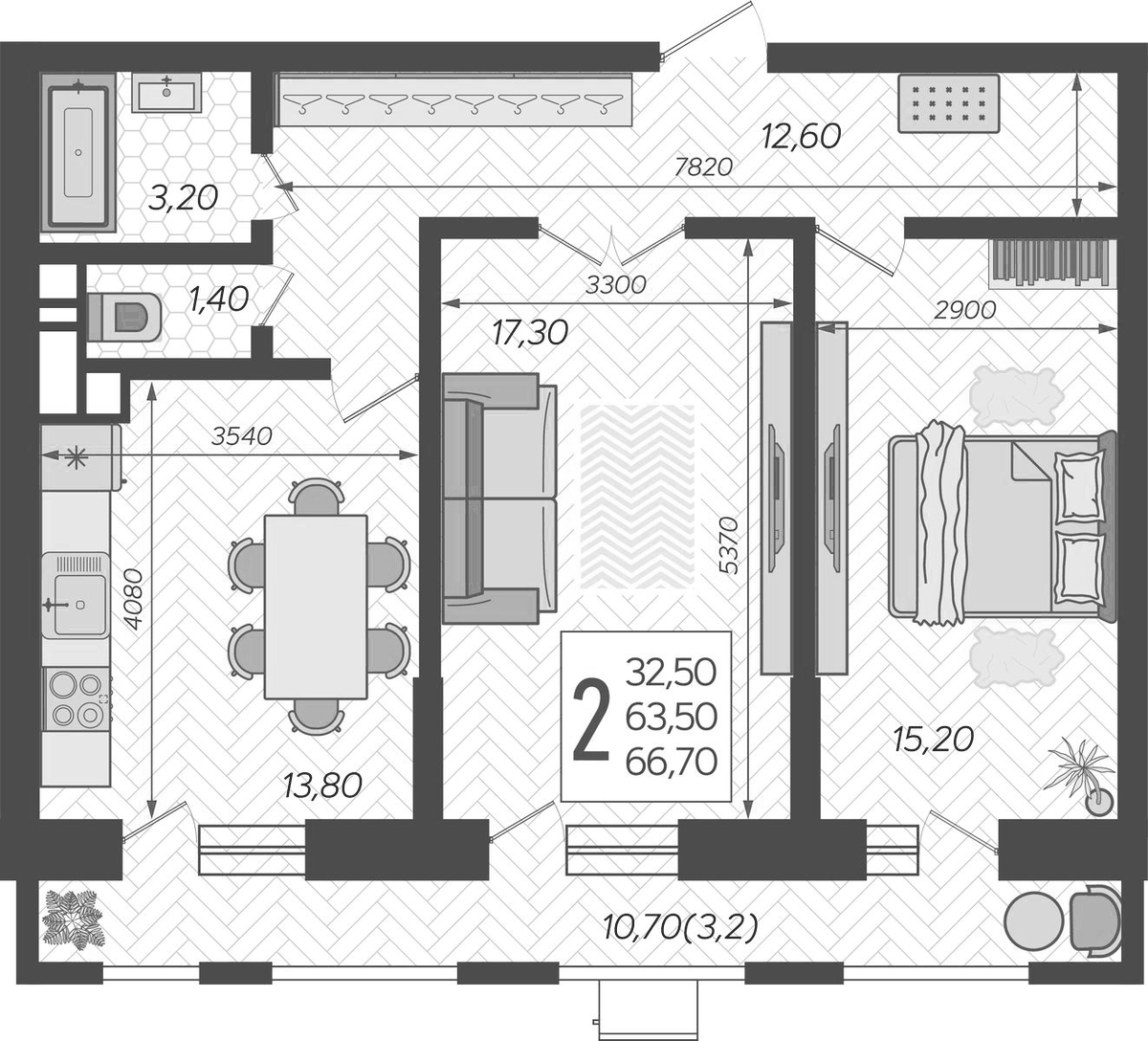 Планировка двухкомнатная 68.14 м² в ЖК «Небо», корпус 8