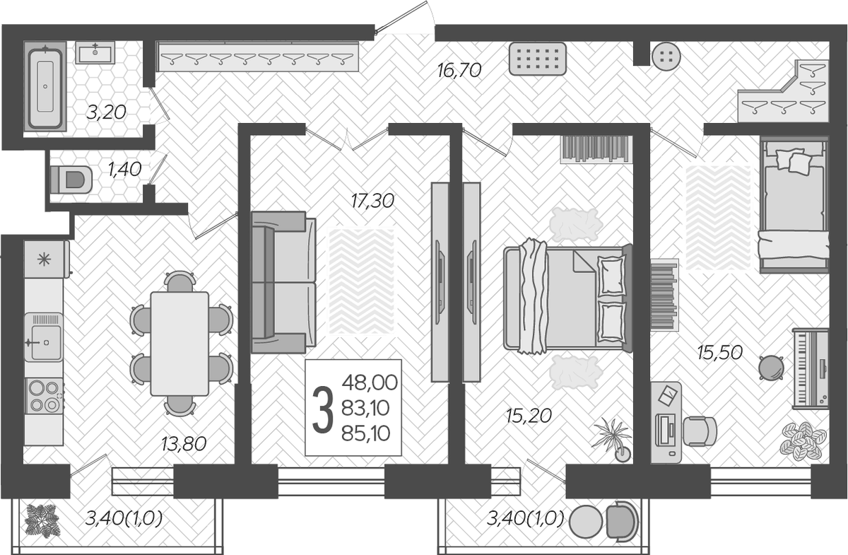 Планировка трёхкомнатная 86.61 м² в ЖК «Небо», корпус 7