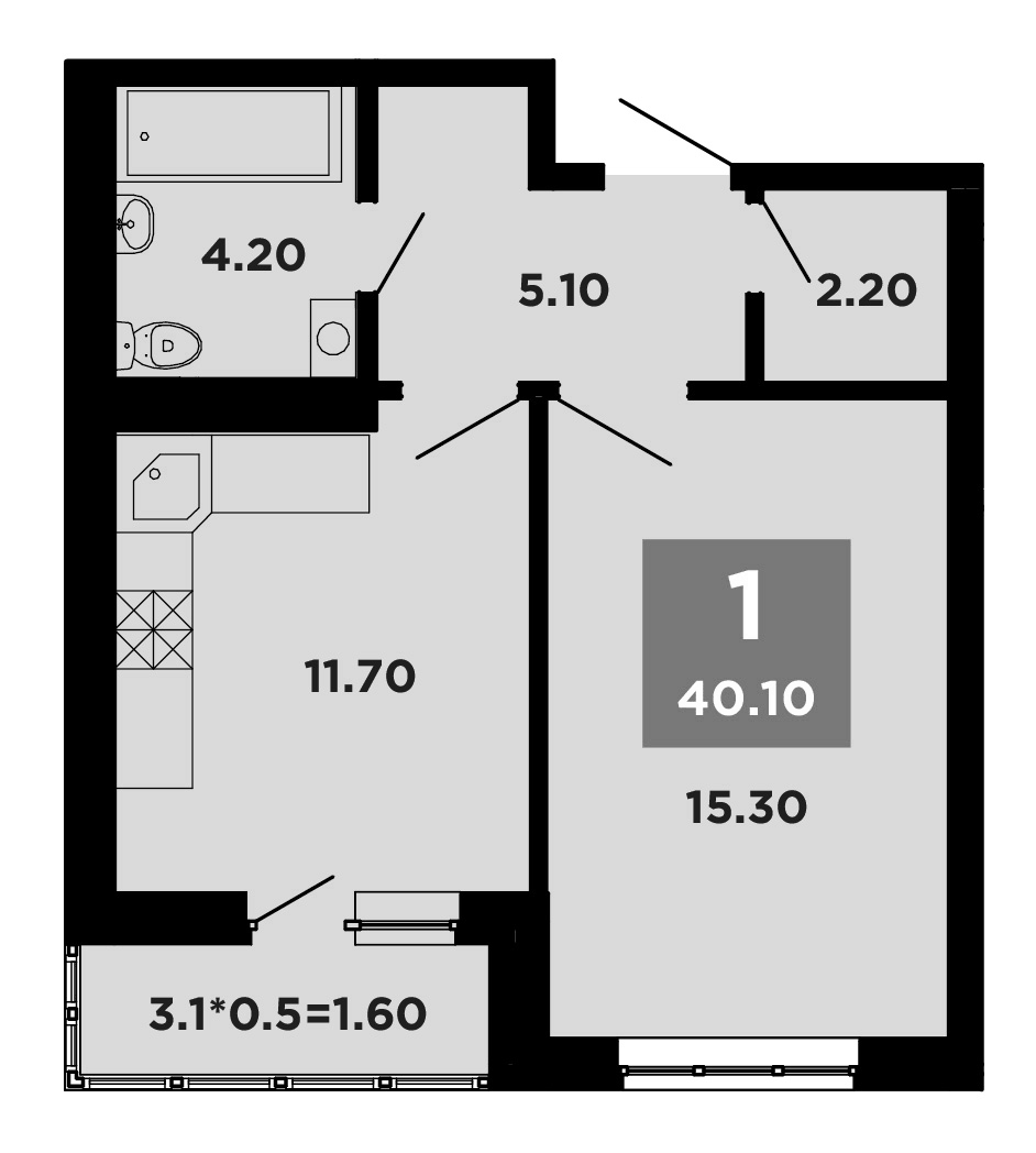 Планировка однокомнатная 40.1 м² в ЖК «НЕО-квартал Красная площадь», корпус 16