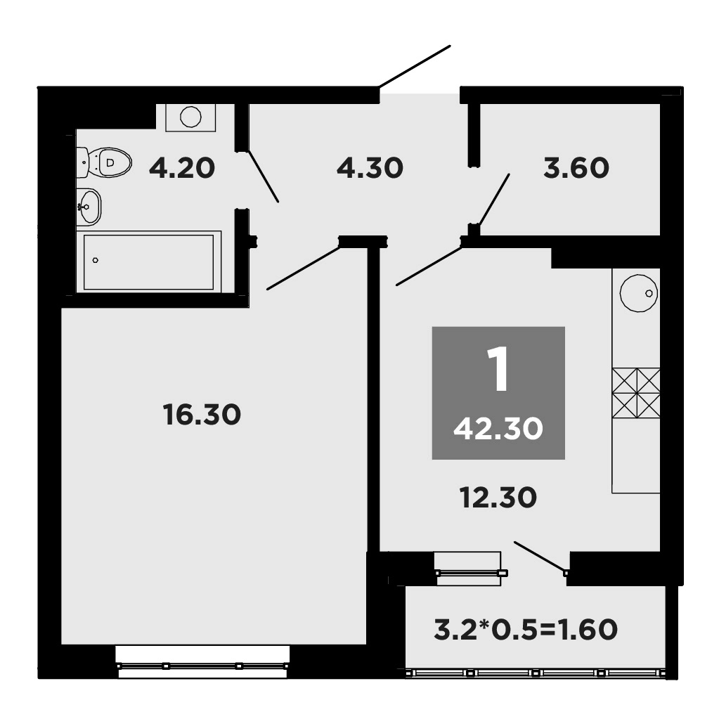 Планировка однокомнатная 42.3 м² в ЖК «НЕО-квартал Красная площадь», корпус 16