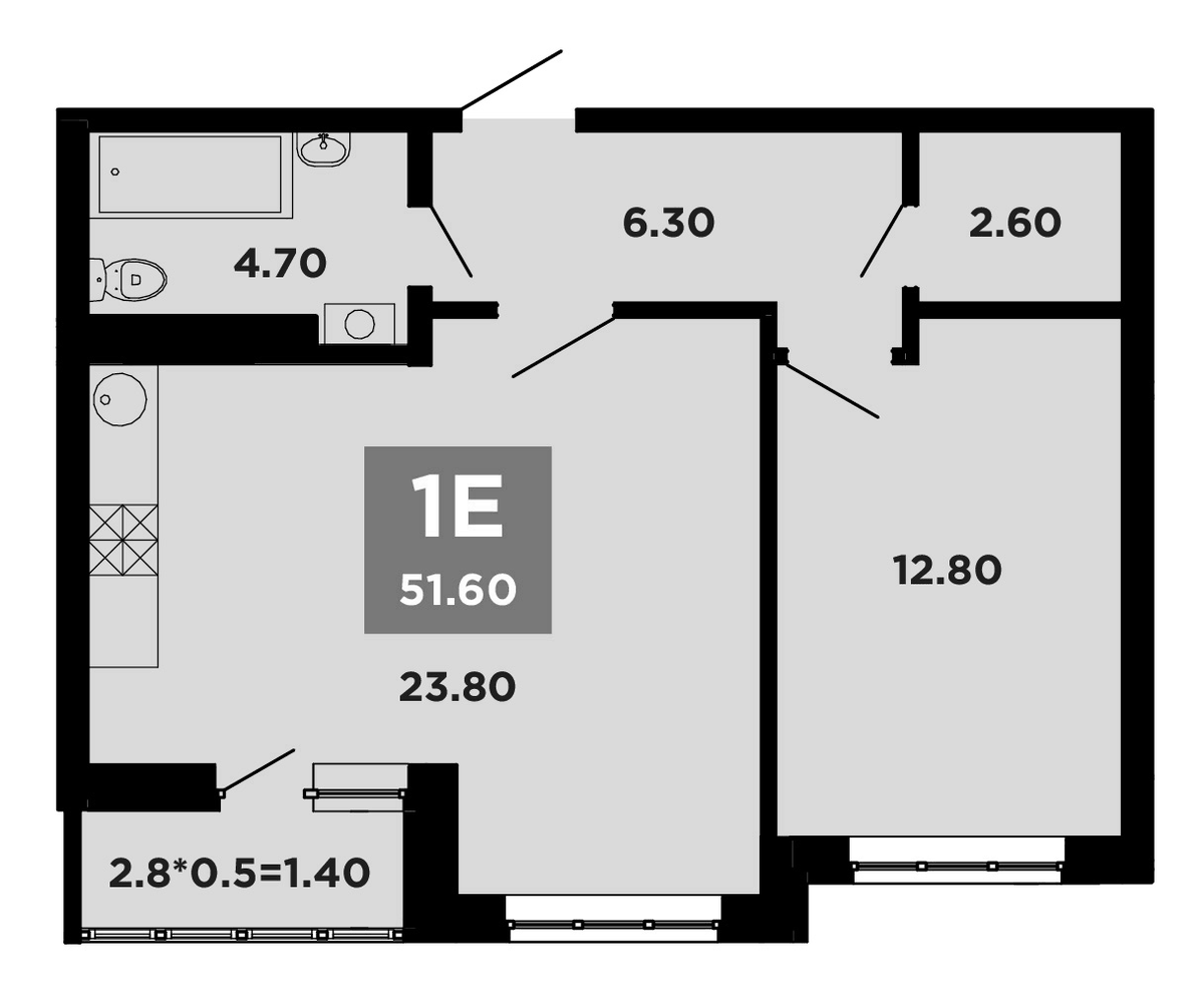 Планировка евродвушка (2Е) 51.6 м² в ЖК «НЕО-квартал Красная площадь», корпус 16