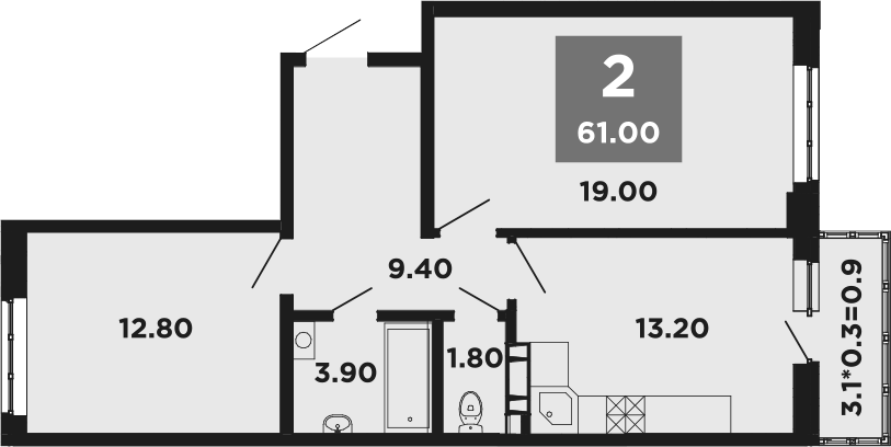 Планировка двухкомнатная 60.9 м² в ЖК «НЕО-квартал Красная площадь», корпус 20