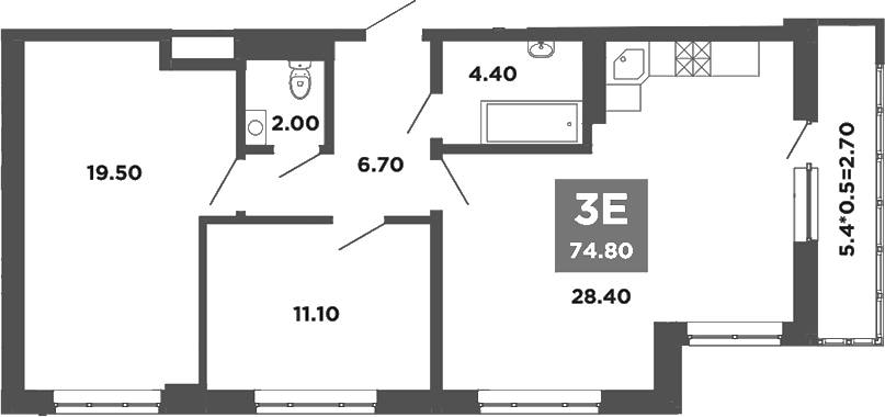 Планировка евротрёшка (3Е) 74.8 м² в ЖК «НЕО-квартал Красная площадь», корпус 21