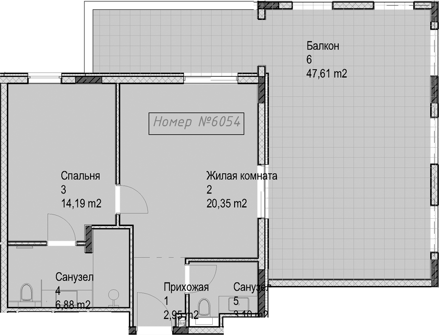 Планировка евродвушка (2Е) 95.1 м² в ЖК «Гостиничный комплекс Николай 1», корпус 3
