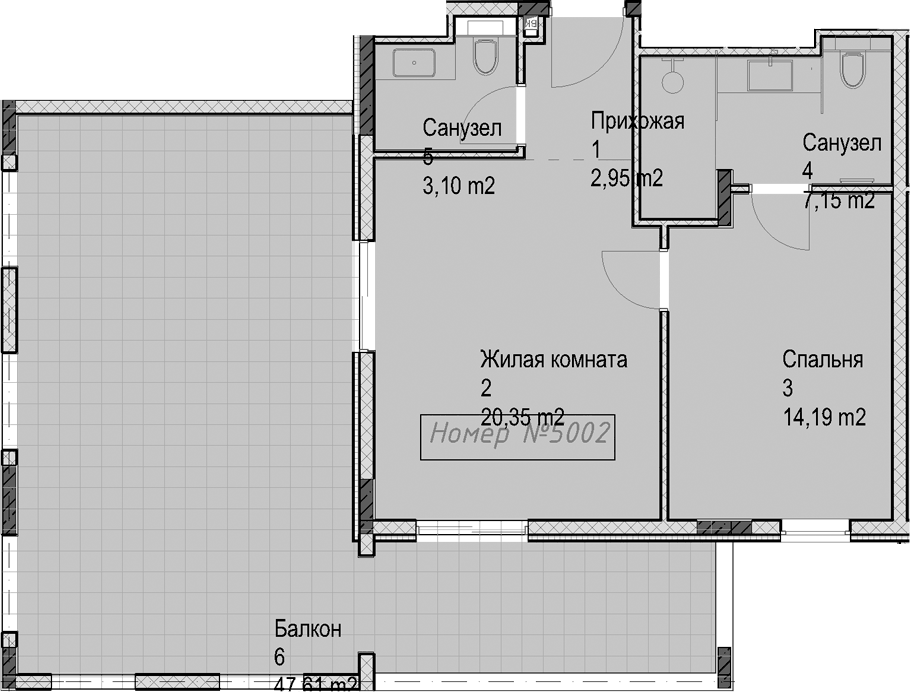 Планировка евродвушка (2Е) 95.4 м² в ЖК «Гостиничный комплекс Николай 1», корпус 1