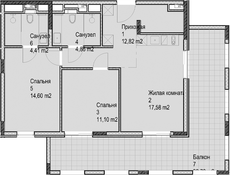 Планировка двухкомнатная 96.1 м² в ЖК «Гостиничный комплекс Николай 1», корпус 1