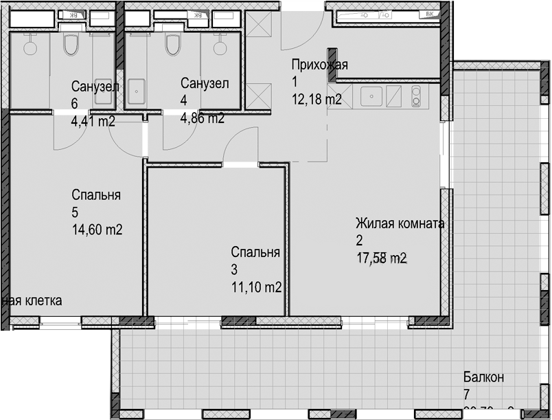 Планировка евротрёшка (3Е) 95.5 м² в ЖК «Гостиничный комплекс Николай 1», корпус 3