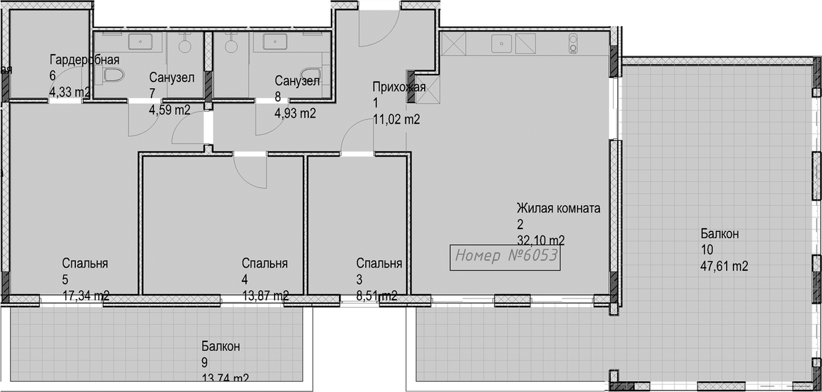 Планировка трёхкомнатная 157.9 м² в ЖК «Гостиничный комплекс Николай 1», корпус 3