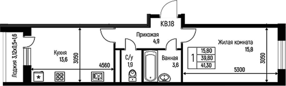 Планировка однокомнатная 41.3 м² в ЖК «Nova Vita», корпус 12