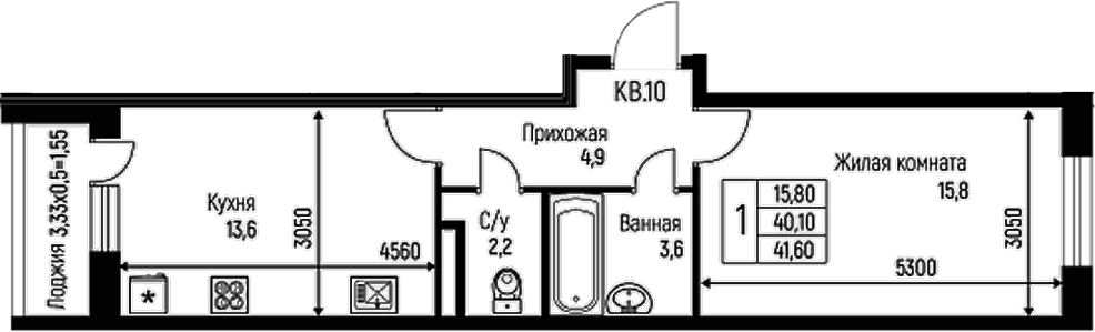Планировка однокомнатная 41.6 м² в ЖК «Nova Vita», корпус 12
