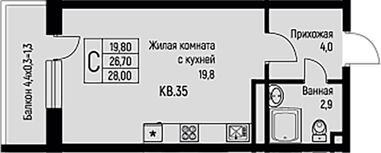 Планировка Студии 28 м² в ЖК «Nova Vita», корпус 15