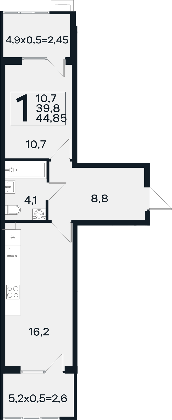 Планировка однокомнатная 44.85 м² в ЖК «Новая Елизаветка», корпус 18