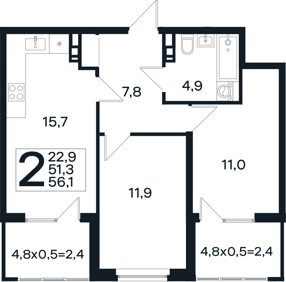 Планировка двухкомнатная 56.1 м² в ЖК «Новая Елизаветка», корпус 18