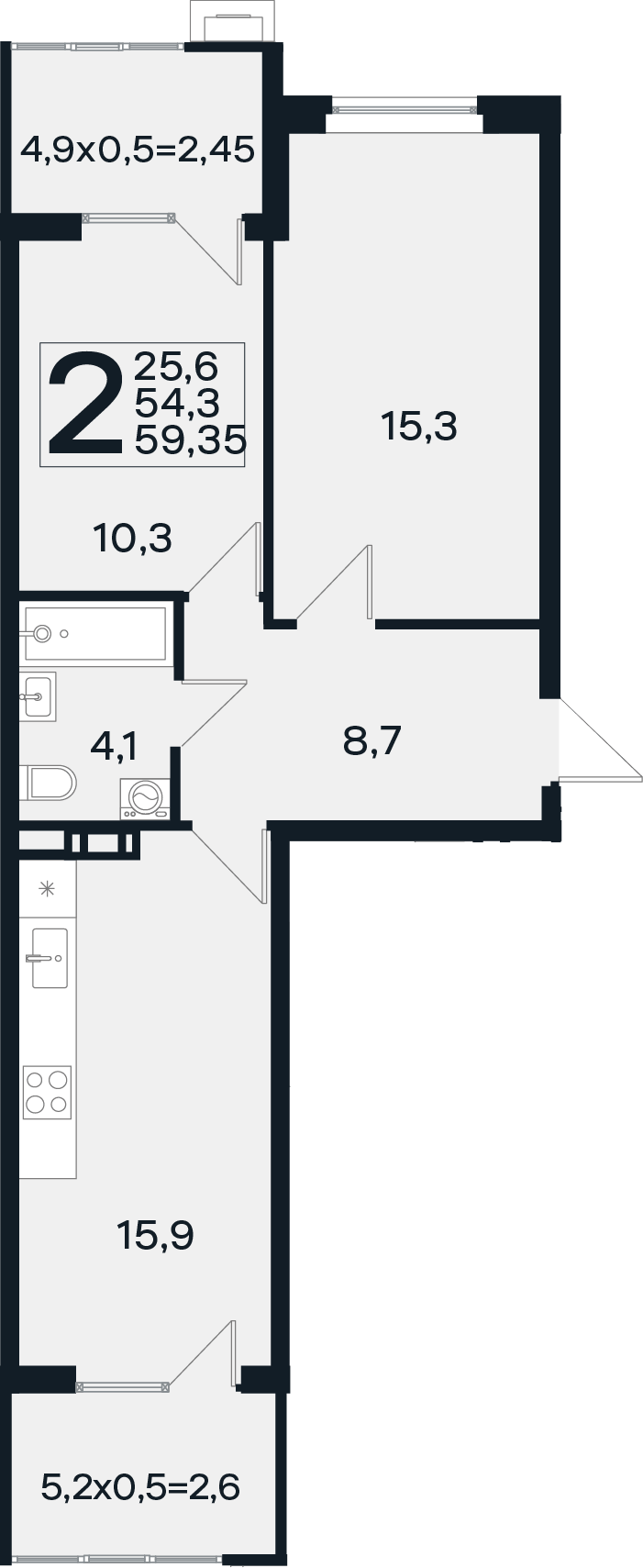 Планировка двухкомнатная 59.35 м² в ЖК «Новая Елизаветка», корпус 19