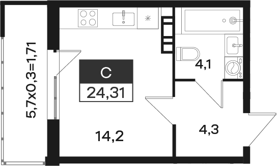 Планировка Студии 24.31 м² в ЖК «Новая Елизаветка», корпус 14