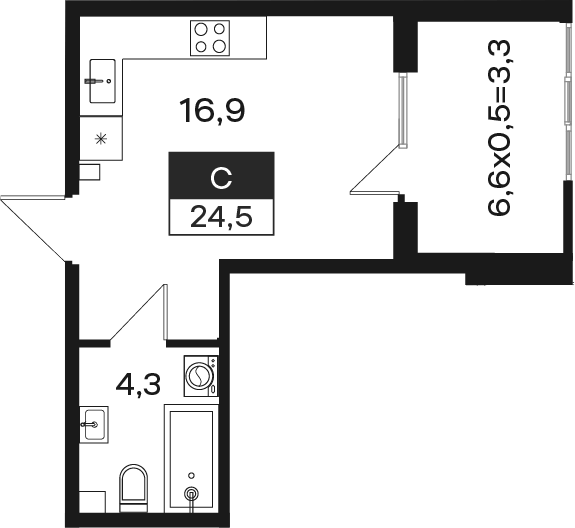 Планировка Студии 24.5 м² в ЖК «Новая Елизаветка», корпус 12