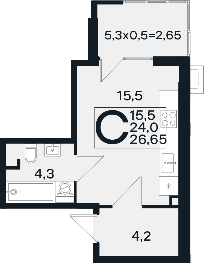 Планировка Студии 26.65 м² в ЖК «Новая Елизаветка», корпус 18