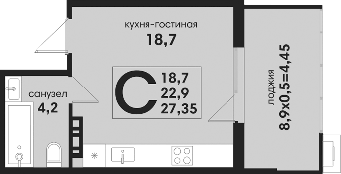 Планировка Студии 27.35 м² в ЖК «Новая Елизаветка», корпус 3