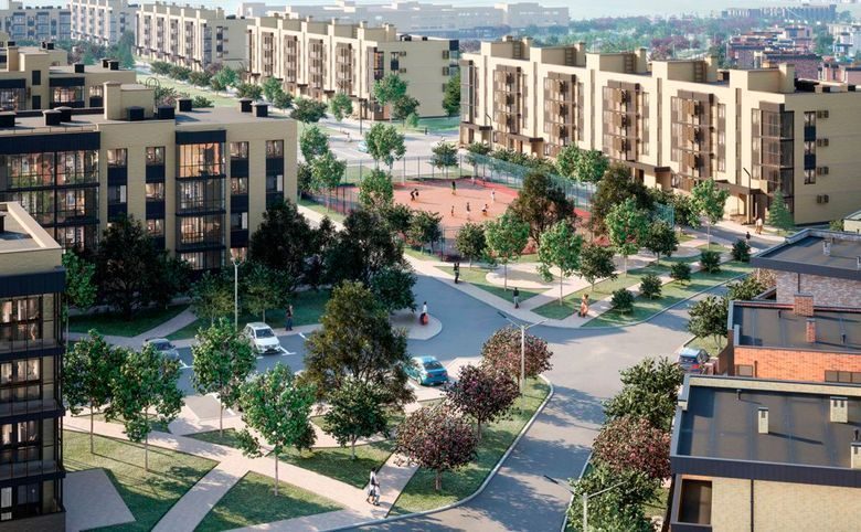 Новая Елизаветка — Общий двор сверху — спортивная площадка, аллеи и озеленение