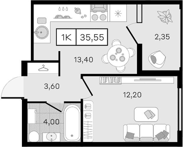 Планировка однокомнатная 35.55 м² в ЖК «Новые сезоны 2», корпус 32