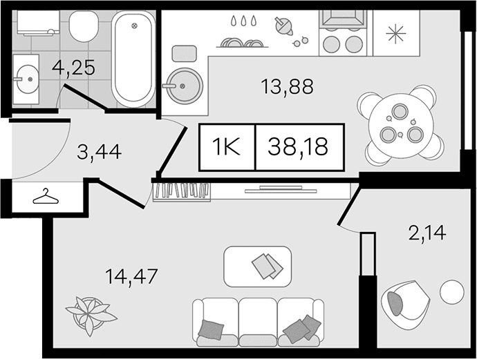 Планировка однокомнатная 38.18 м² в ЖК «Новые сезоны 2», корпус 32